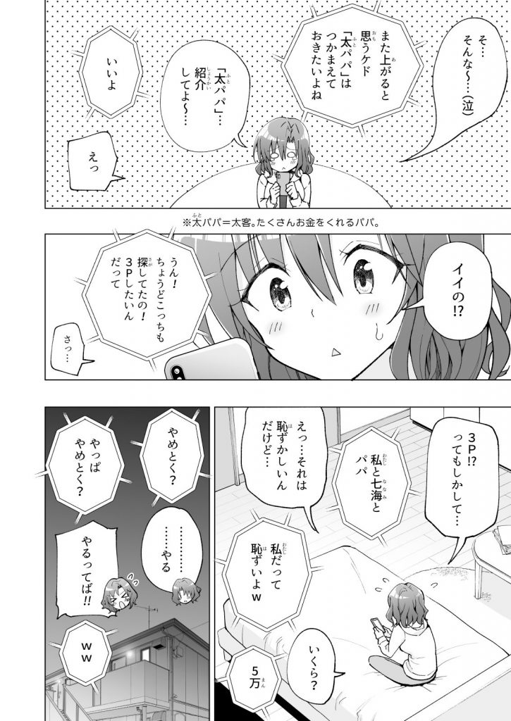 【パパ活エロ漫画】パパ活女子に友達を紹介させて女の子2人と一緒にラブホへ入りエッチな撮影会スタート！