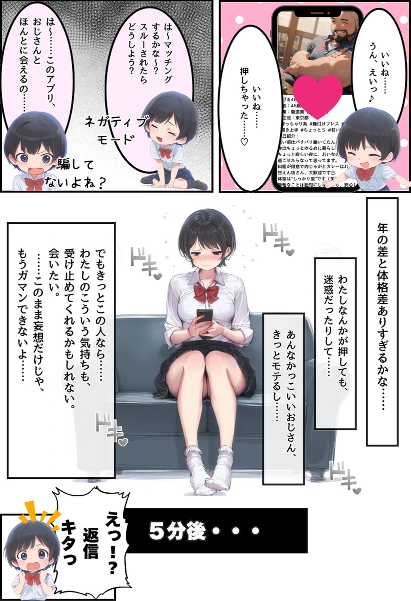 【エロマンガ】おじさんとの出会いを求めてマッチングアプリする女の子がそこで出会ったおじさんと初体験を…