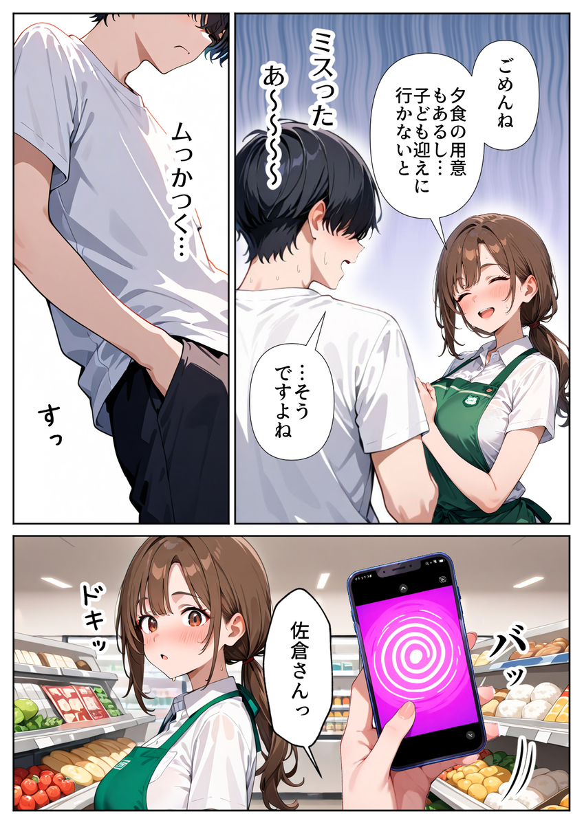 【エロ漫画】スーパーで働く人妻に思い通りになる催眠を使ってみた結果