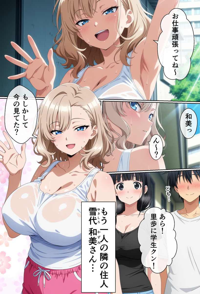 【エロ漫画】両隣に住んでいる爆乳人妻の喘ぎ声が毎晩うるさ過ぎたんですけど…旦那に隠れてヤリまくる関係に…