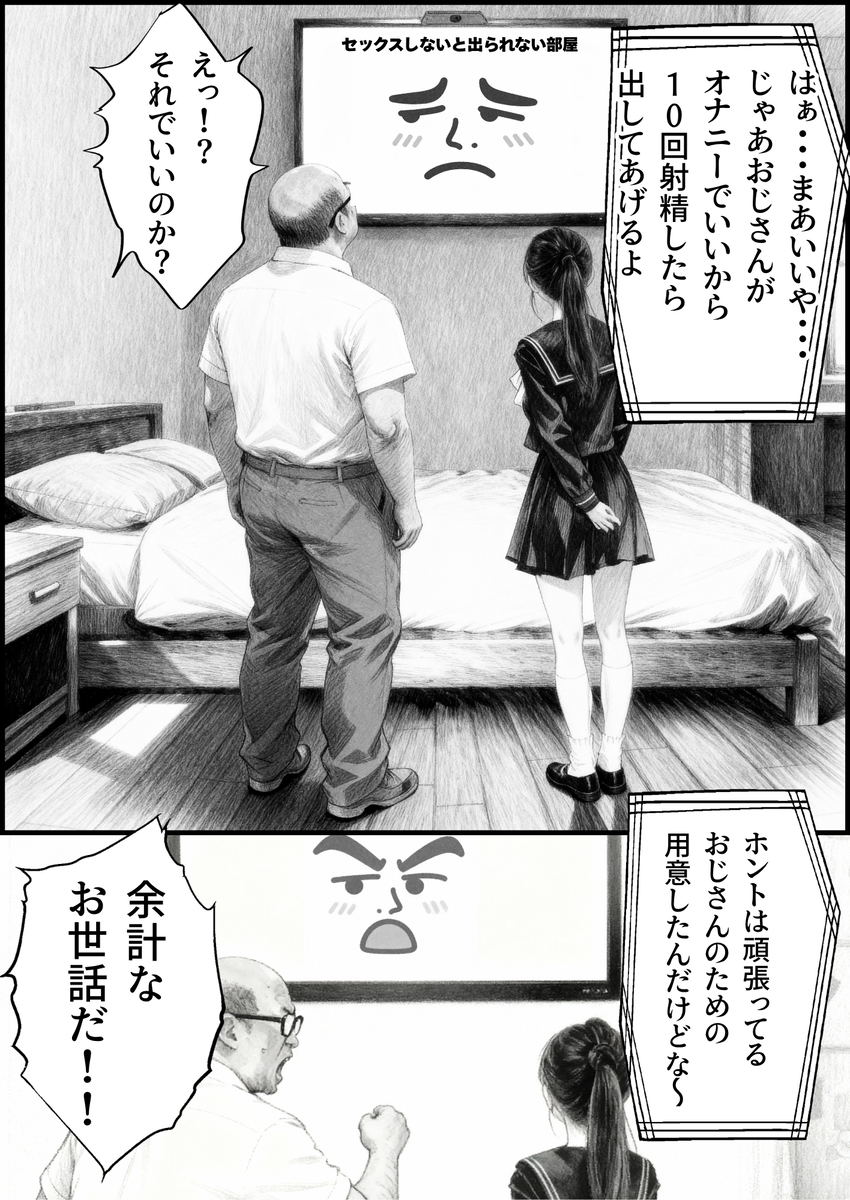 【エロ漫画】娘の親友ととんでもない部屋にとじこめられたおっさん…これはもうエッチするしかないよな…