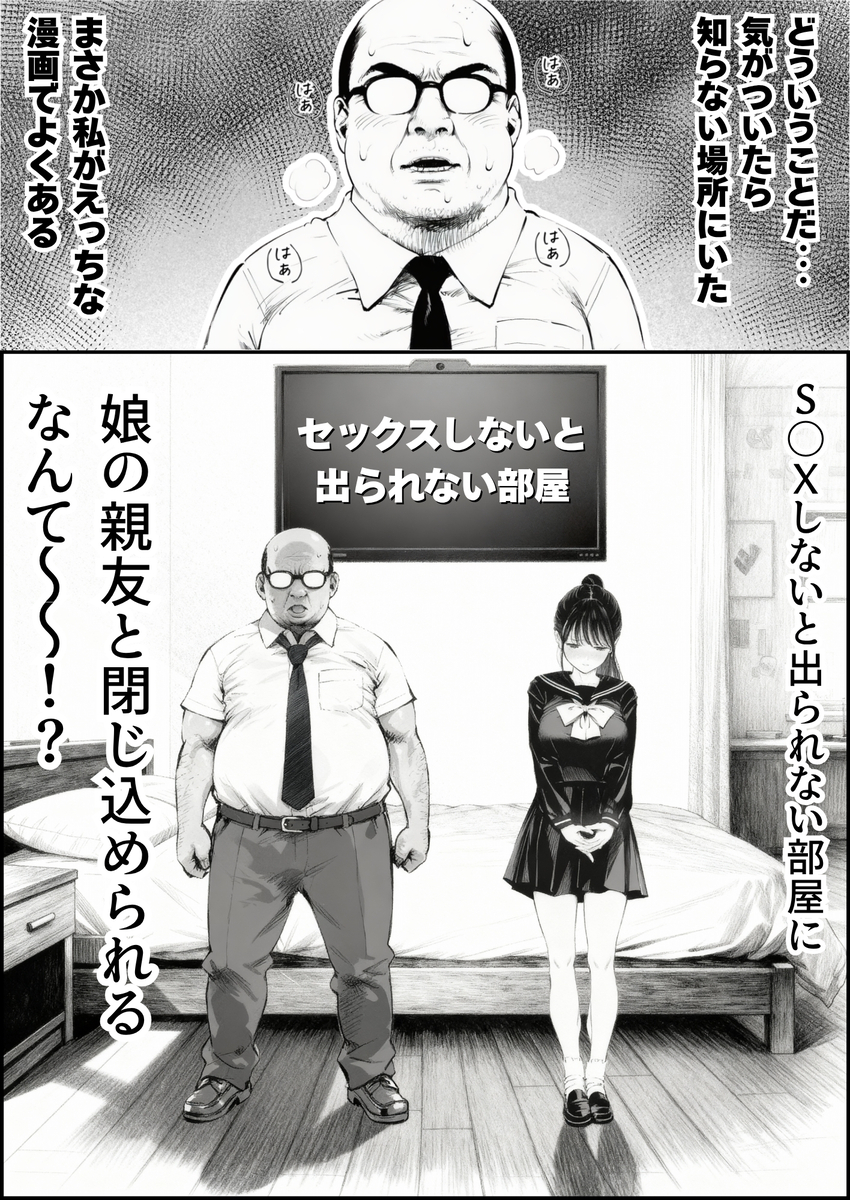 【エロ漫画】娘の親友ととんでもない部屋にとじこめられたおっさん…これはもうエッチするしかないよな…