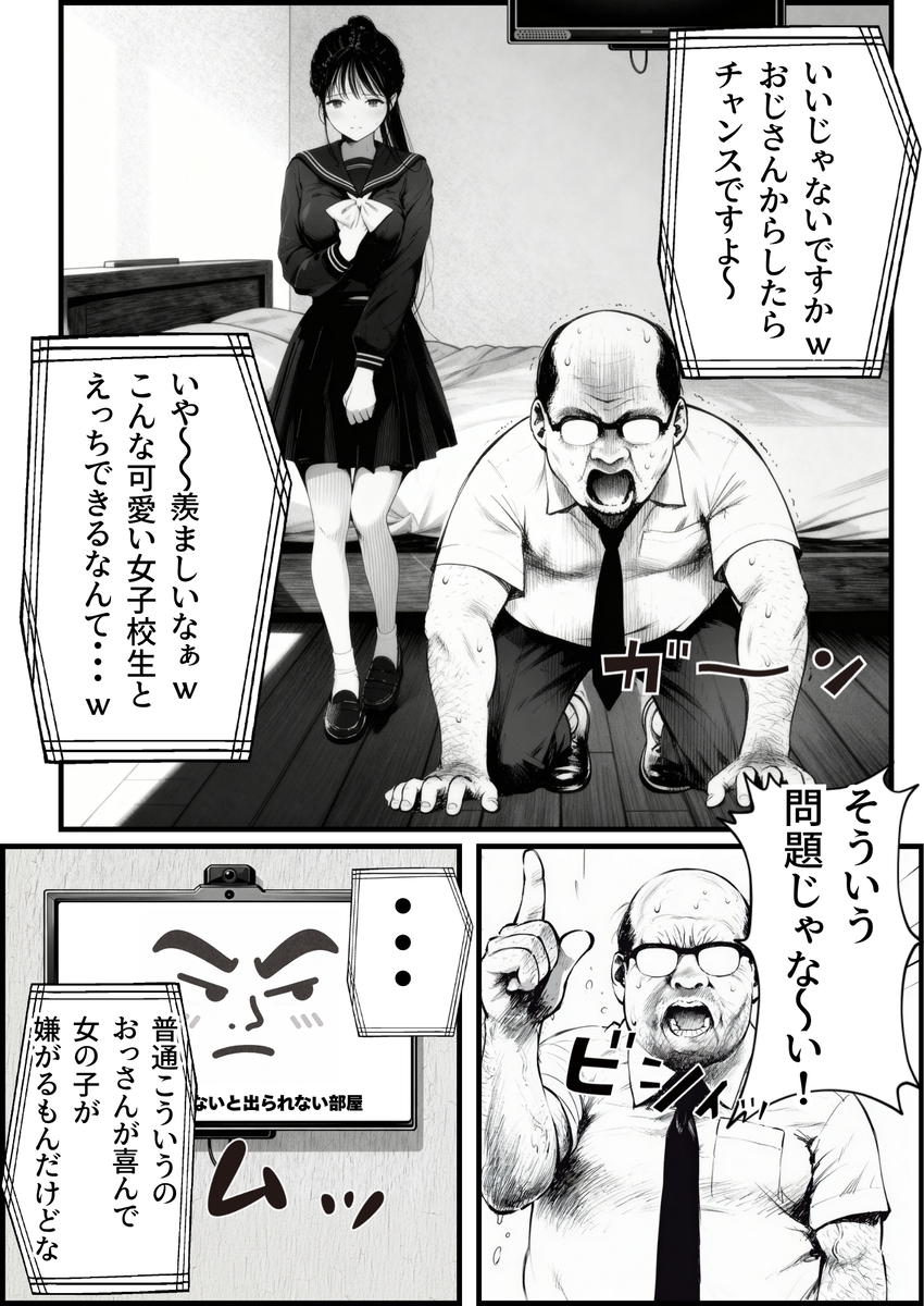 【エロ漫画】娘の親友ととんでもない部屋にとじこめられたおっさん…これはもうエッチするしかないよな…