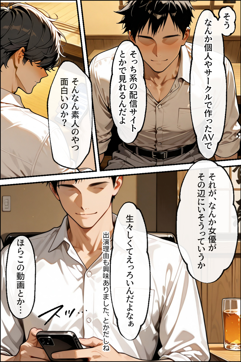 【エロマンガ】妻が出演する同人AVを見てフル勃起してる旦那…