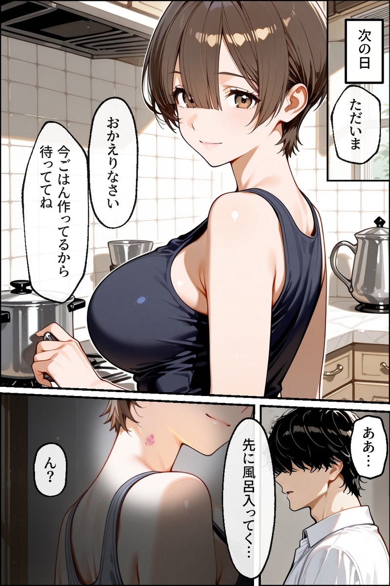 【エロマンガ】妻が出演する同人AVを見てフル勃起してる旦那…